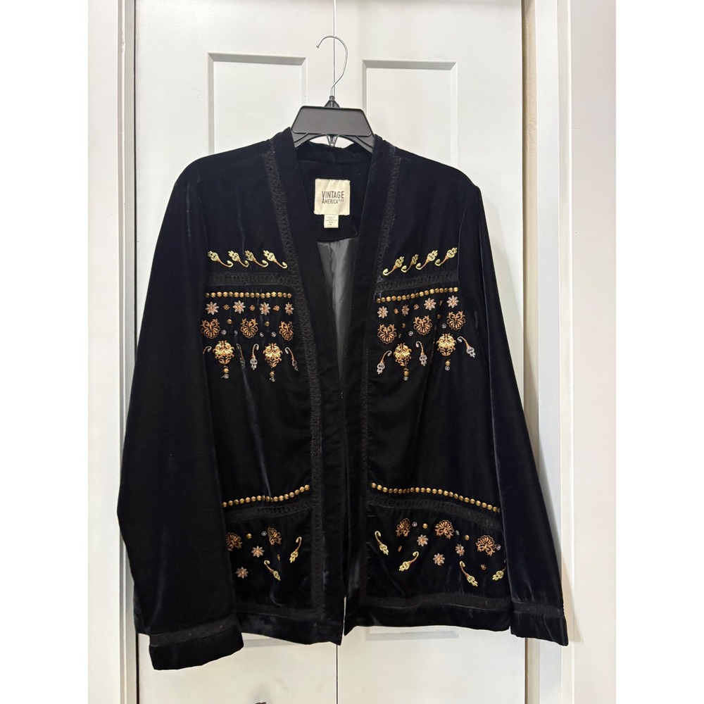 Vintage America Blues Black Velvet Embroidered Open Front Jacket XL Boho Studded